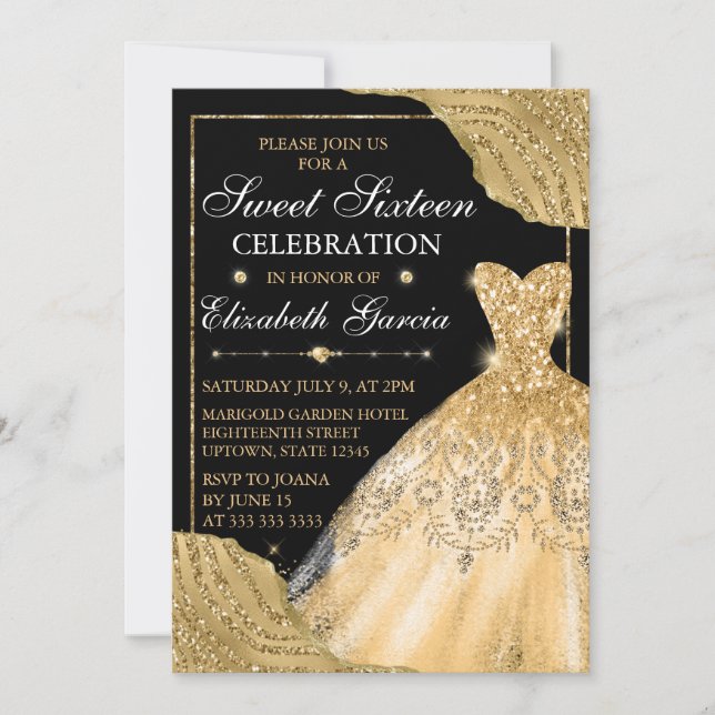 Gold Watercolor Dress & Glam Edges Sweet Sixteen Invitation (Front)