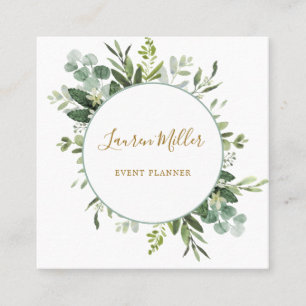 Gold   Watercolor Eucalyptus Greenery Wreath Square Business Card