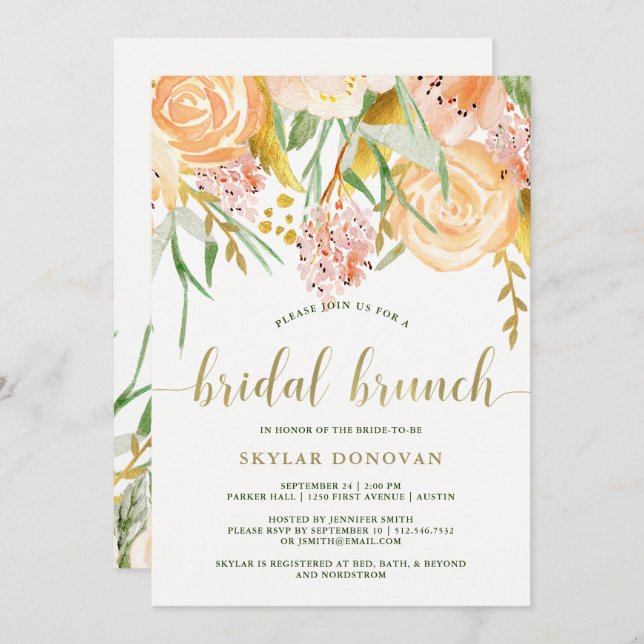 Gold Watercolor Floral on White | Bridal Brunch Invitation (Front/Back)