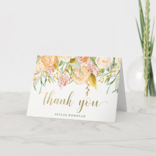 Gold Watercolor Floral on White Thank You Card