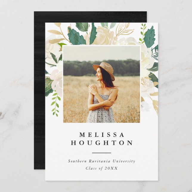 Gold & Watercolor Flowers Photo Graduation Party Invitation (Front/Back)