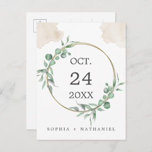 Gold Watercolor Greenery Save the Date Postcard