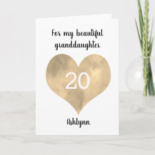 Gold Watercolor Heart 20th Birthday Card
