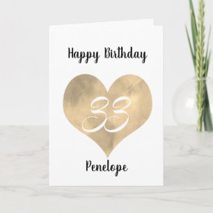 Gold Watercolor Heart 33rd Birthday Card