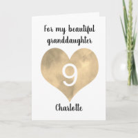 Gold Watercolor Heart 9th Birthday Card