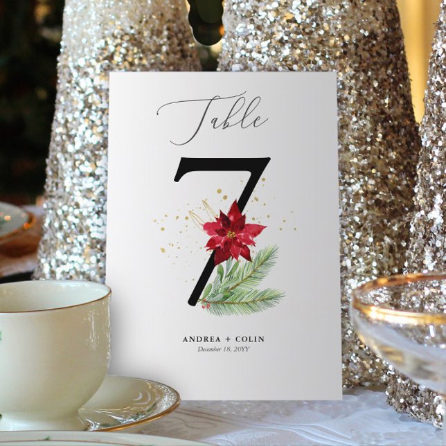 Gold Watercolor & Holiday Botanical Table Number 7 (Botanical Christmas Wedding / Event Table Number | No. 7 (For all numbers, see Collection below))