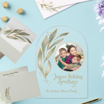 Gold Watercolor Leaves Joyous Holiday Acrylic Card