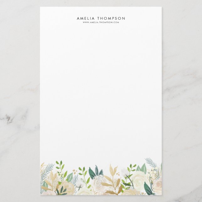 Gold Watercolor Peonies Greenery Garland Custom Stationery (Front)