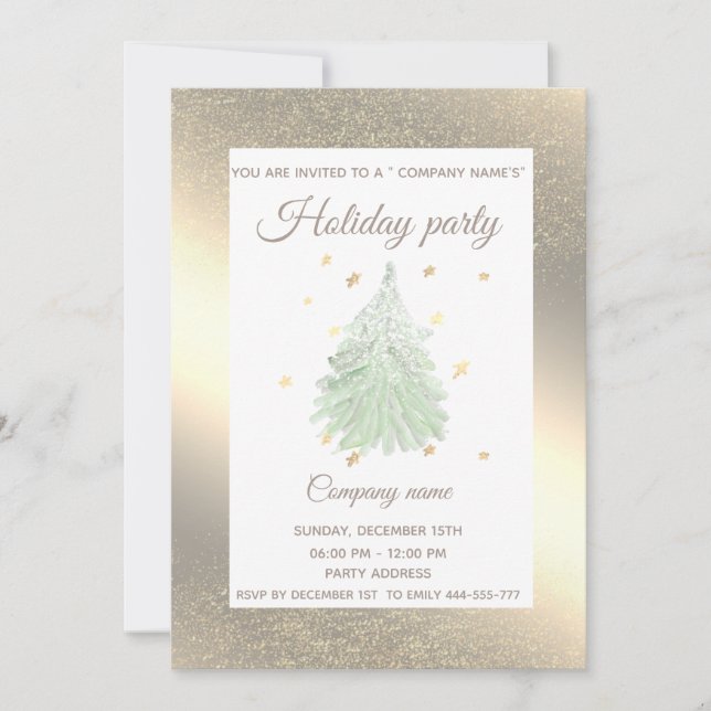 Gold watercolor pine tree company Christmas party Invitation (Front)