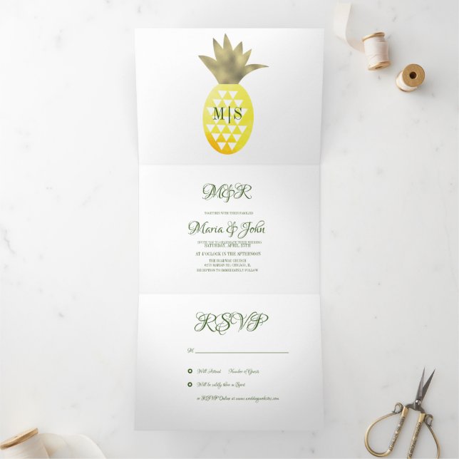 Gold Watercolor Pineapple Pinas Tropic Wedding Tri-Fold Invitation (Inside)