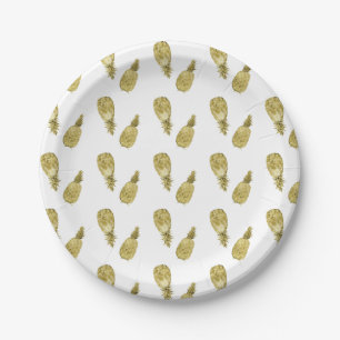 Gold Watercolor Pineapples Paper Plate