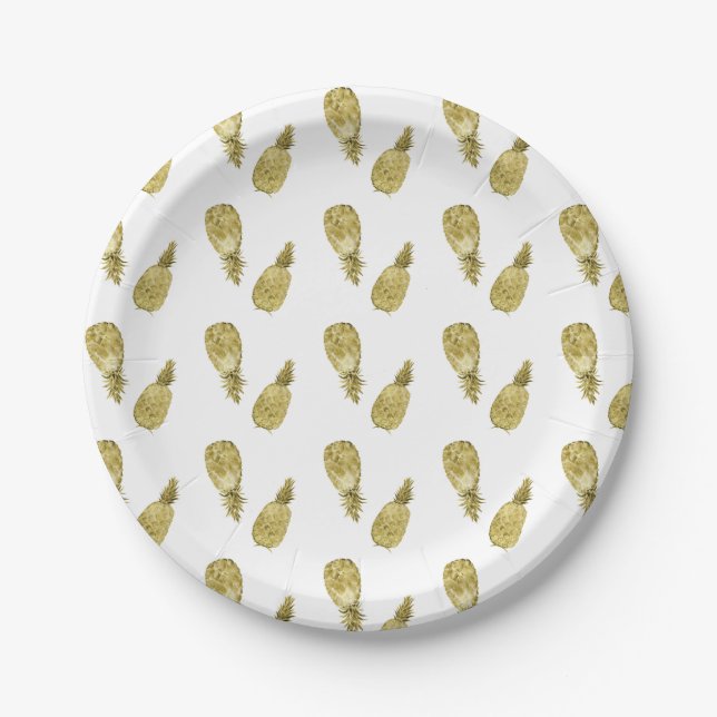 Gold Watercolor Pineapples Paper Plate (Front)