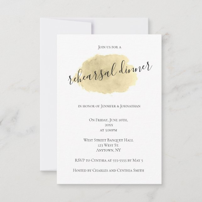 Gold watercolor rehearsal dinner invitations (Front)