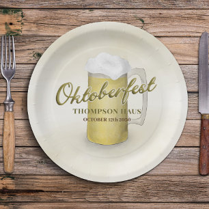 Gold Watercolor Simple Oktoberfest Beer 7" Paper Plate