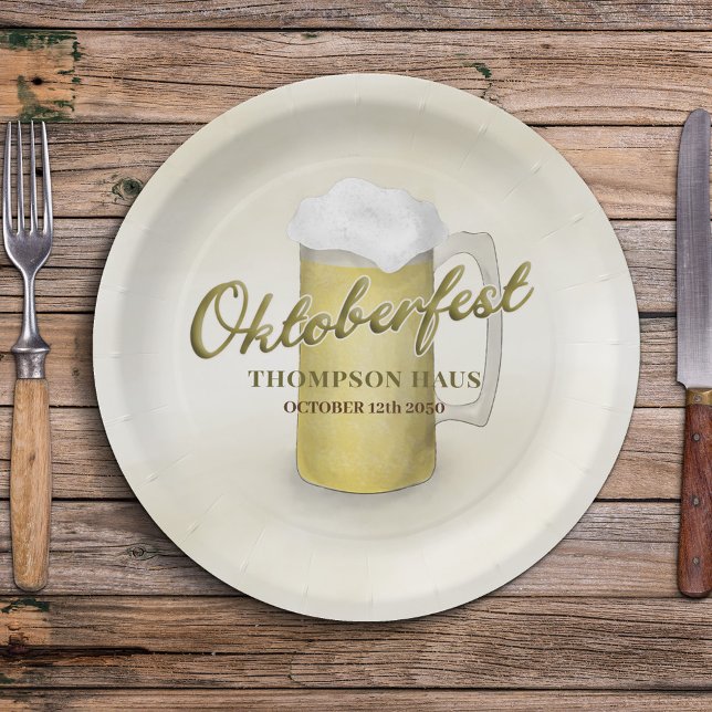 Gold Watercolor Simple Oktoberfest Beer 7" Paper Plate (Gold watercolor paper plate with Oktoberfest typography.)