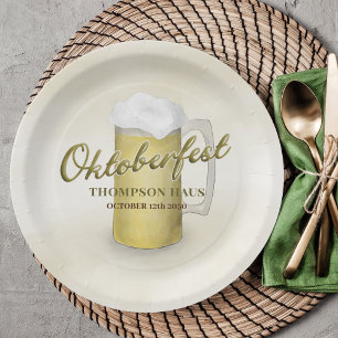 Gold Watercolor Simple Oktoberfest Beer 9" Paper Plate