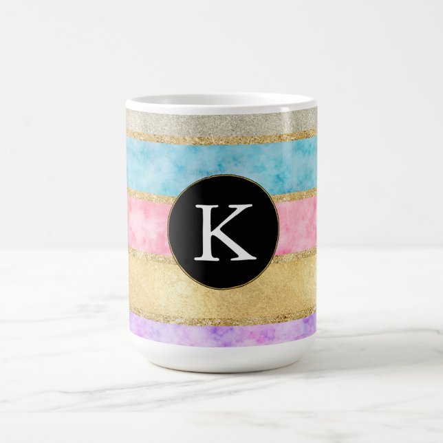 Gold Watercolor Stripes Monogram Coffee Mug (Center)