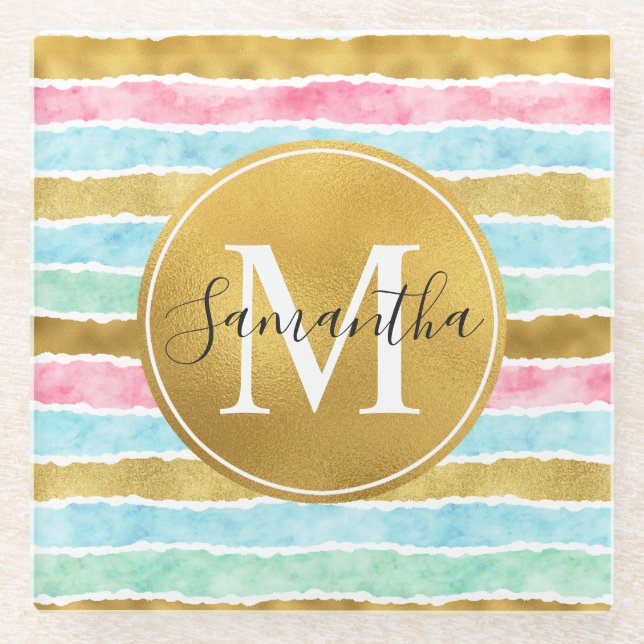 Gold Watercolor Stripes Monogram Glass Coaster (Front)