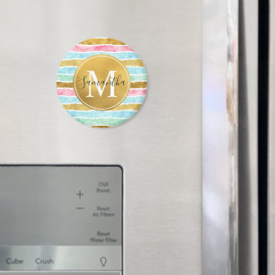 Gold Watercolor Stripes Monogram Magnet