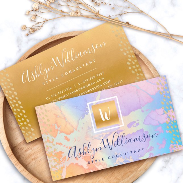 Gold watercolor turquoise orange purple monogram business card (Creator Uploaded)