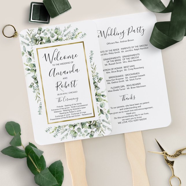 Gold Watercolor Wedding Ceremony Program  Hand Fan (Creator Uploaded)