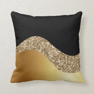 Gold Wave and Glitter on Black Cushion