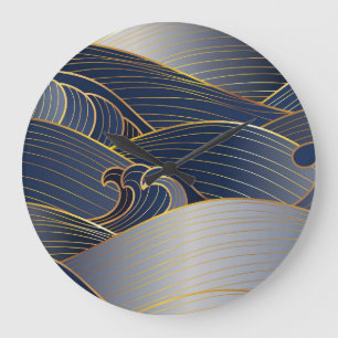 Gold Wave Lines, Abstract Vintage. Large Clock