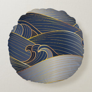 Gold Wave Lines, Abstract Vintage. Round Cushion