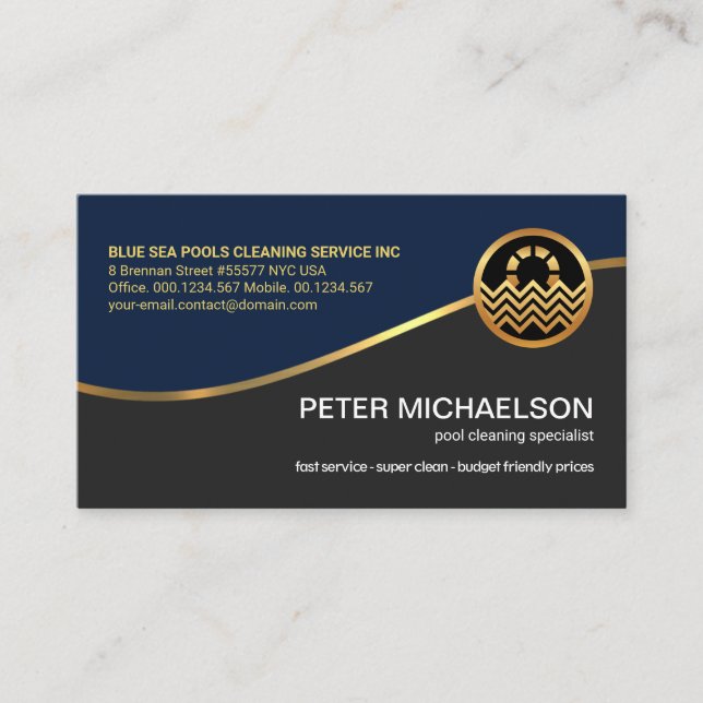 Gold Wave Stylish Blue Grey Layers Swimming Pool Business Card (Front)