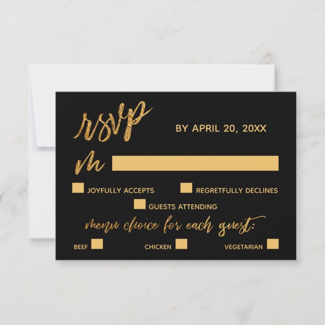 Gold Waves Handwriting Black Dinner Options RSVP Card (Front)