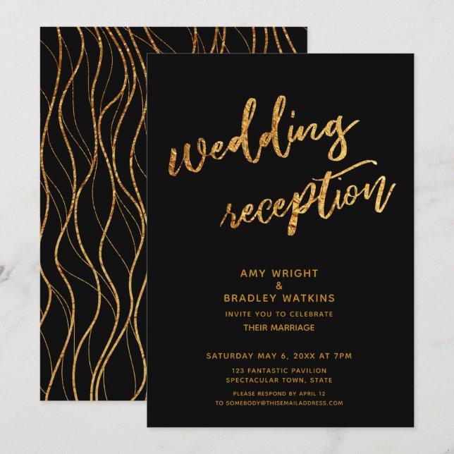 Gold Waves & Handwriting Black Wedding Reception Invitation (Front/Back)