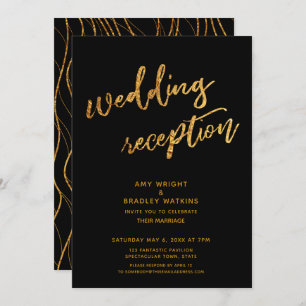 Gold Waves & Handwriting Black Wedding Reception Invitation