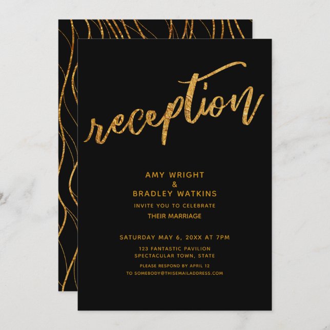 Gold Waves & Handwriting Black Wedding Reception Invitation (Front/Back)