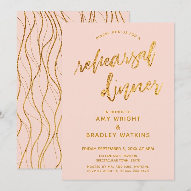 Gold Waves Handwriting Blush Rehearsal Dinner Invitation (Front/Back)
