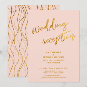 Gold Waves & Handwriting Blush Wedding Reception Invitation