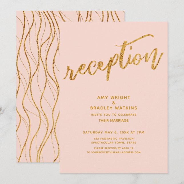 Gold Waves & Handwriting Blush Wedding Reception Invitation (Front/Back)