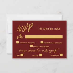 Gold Waves Handwriting Burgundy Red Dinner Options RSVP Card