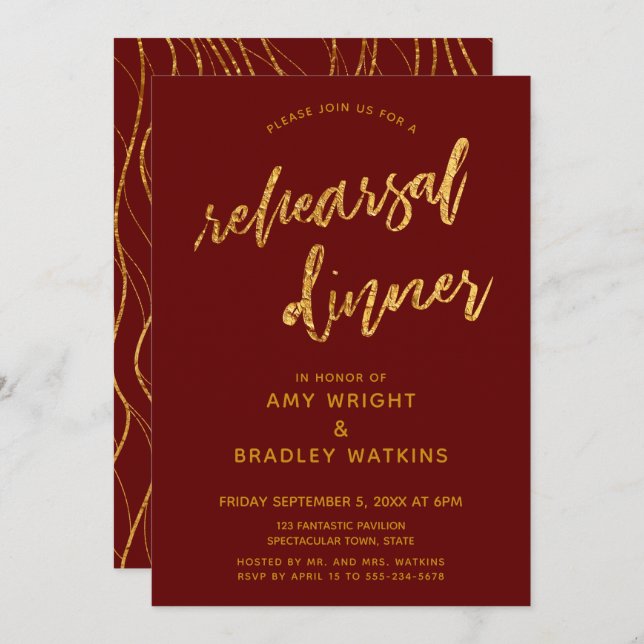 Gold Waves Handwriting Burgundy Rehearsal Dinner Invitation (Front/Back)