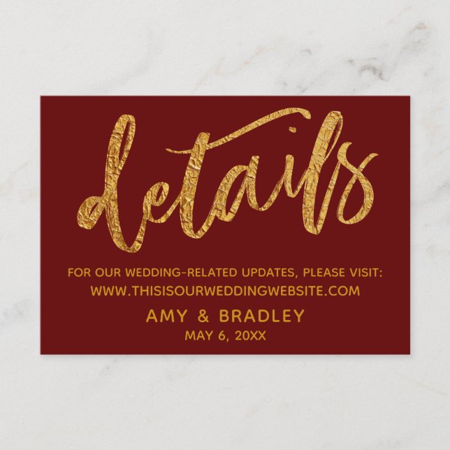 Gold Waves & Handwriting Burgundy Wedding Details Enclosure Card (Front)