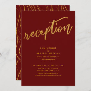 Gold Waves Handwriting Burgundy Wedding Reception Invitation