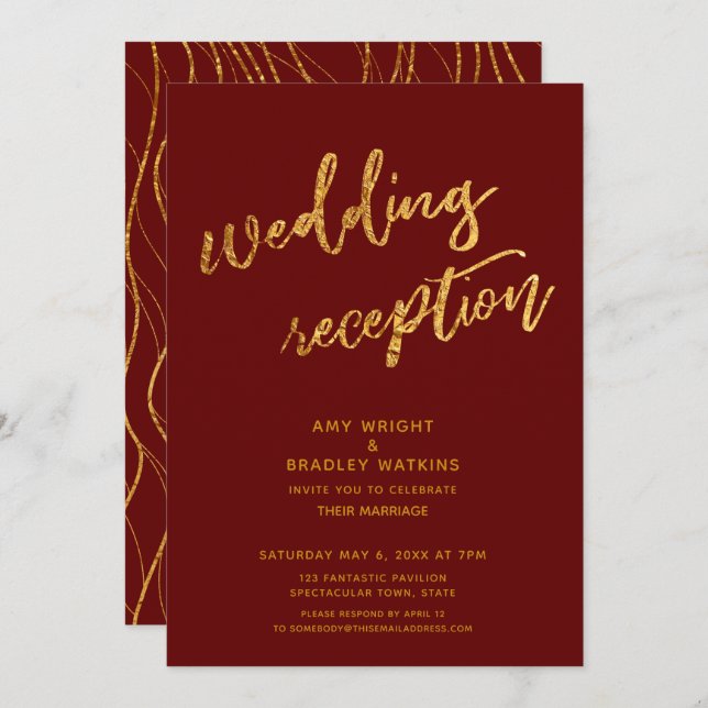 Gold Waves Handwriting Burgundy Wedding Reception Invitation (Front/Back)