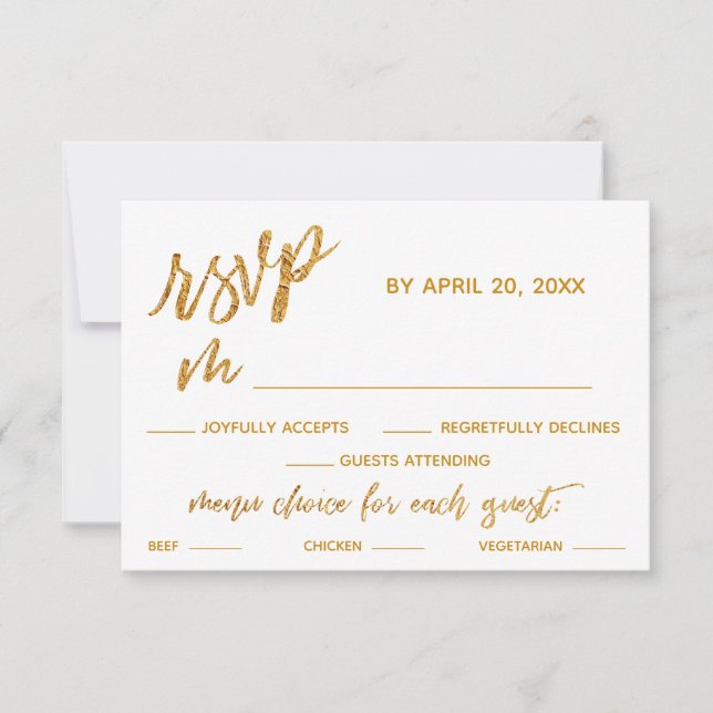 Gold Waves Handwriting White Dinner Options RSVP Card (Front)