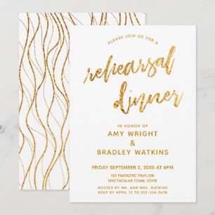 Gold Waves Handwriting White Rehearsal Dinner Invitation
