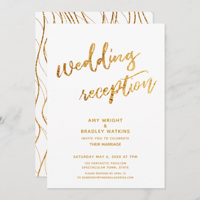 Gold Waves & Handwriting White Wedding Reception Invitation (Front/Back)