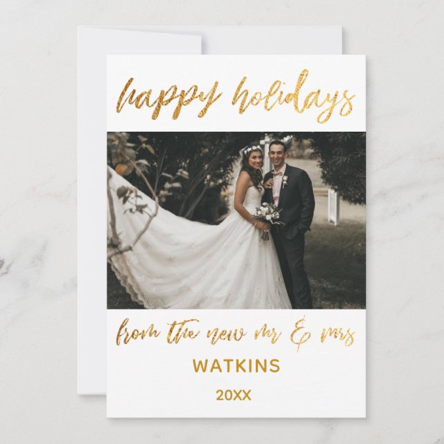 Gold Waves Happy Holidays from New Mr & Mrs White Holiday Card (Front)