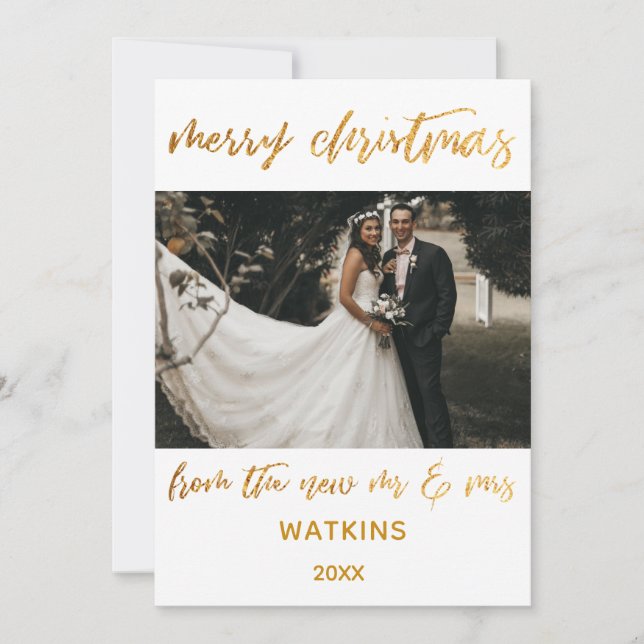 Gold Waves Merry Christmas from New Mr & Mrs Photo Holiday Card (Front)