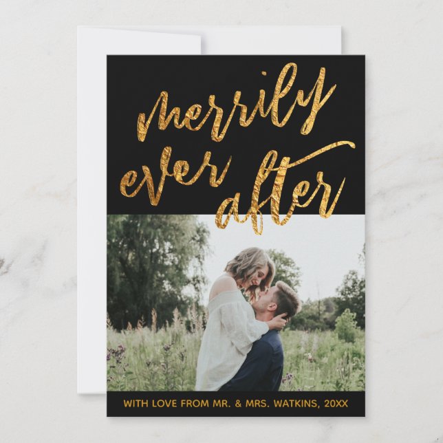 Gold Waves on Black Merrily Ever After, Photo Holiday Card (Front)