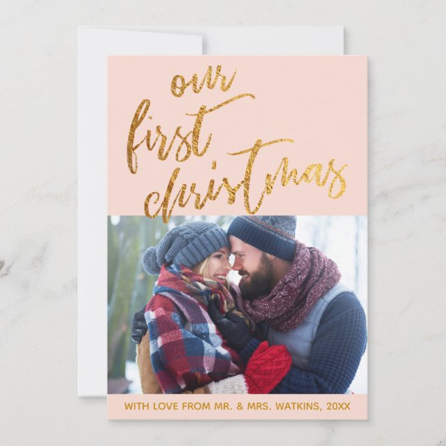 Gold Waves on Blush Our First Christmas, Photo Holiday Card (Front)