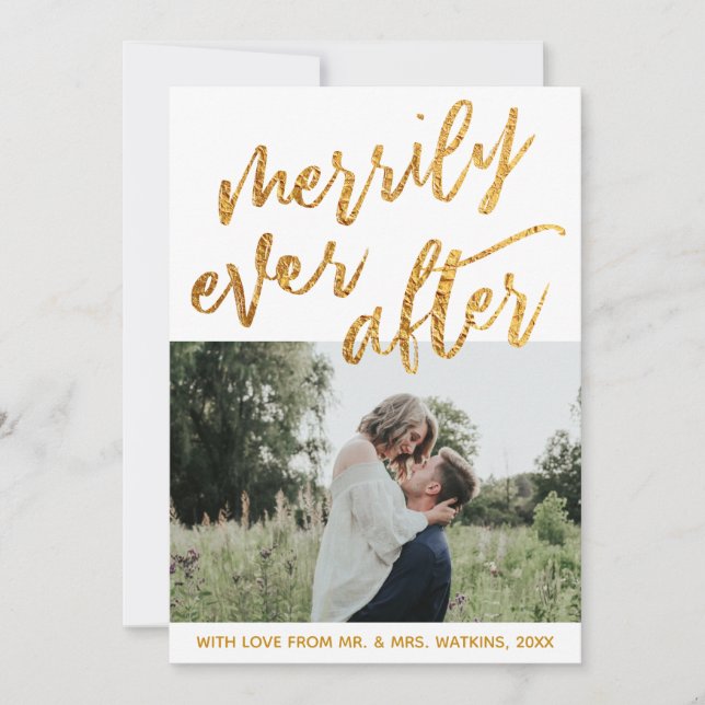 Gold Waves on White Merrily Ever After, Photo Holiday Card (Front)