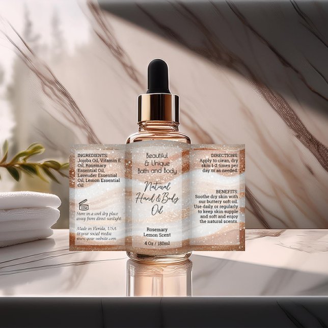 Gold Waves Product Label 4oz Oil Dropper or Bottle (gold glitter waves product bottle label)